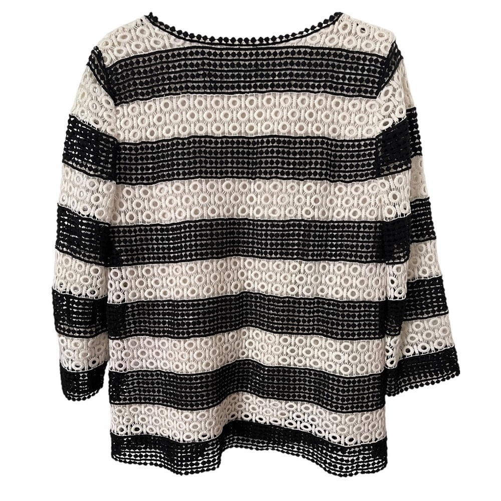 Talbots Crochet‎ Lace Overlay Striped Blouse Top Black Ivory Lined 3/4 Sleeves M - Picture 4 of 6